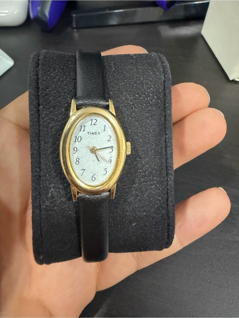 Timex Gold Oval Case Watch with Black Leather Strap